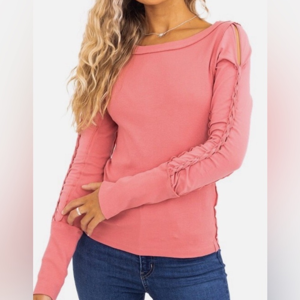 Free People Daisy Chain Cuffed Long Sleeve Top Sun Sand Crew Neck Blouse M